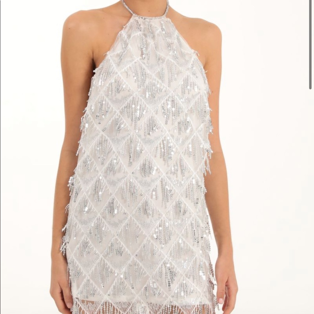 Lucy in the Sky- Vesper Fringe Sequin Halter Dress in White